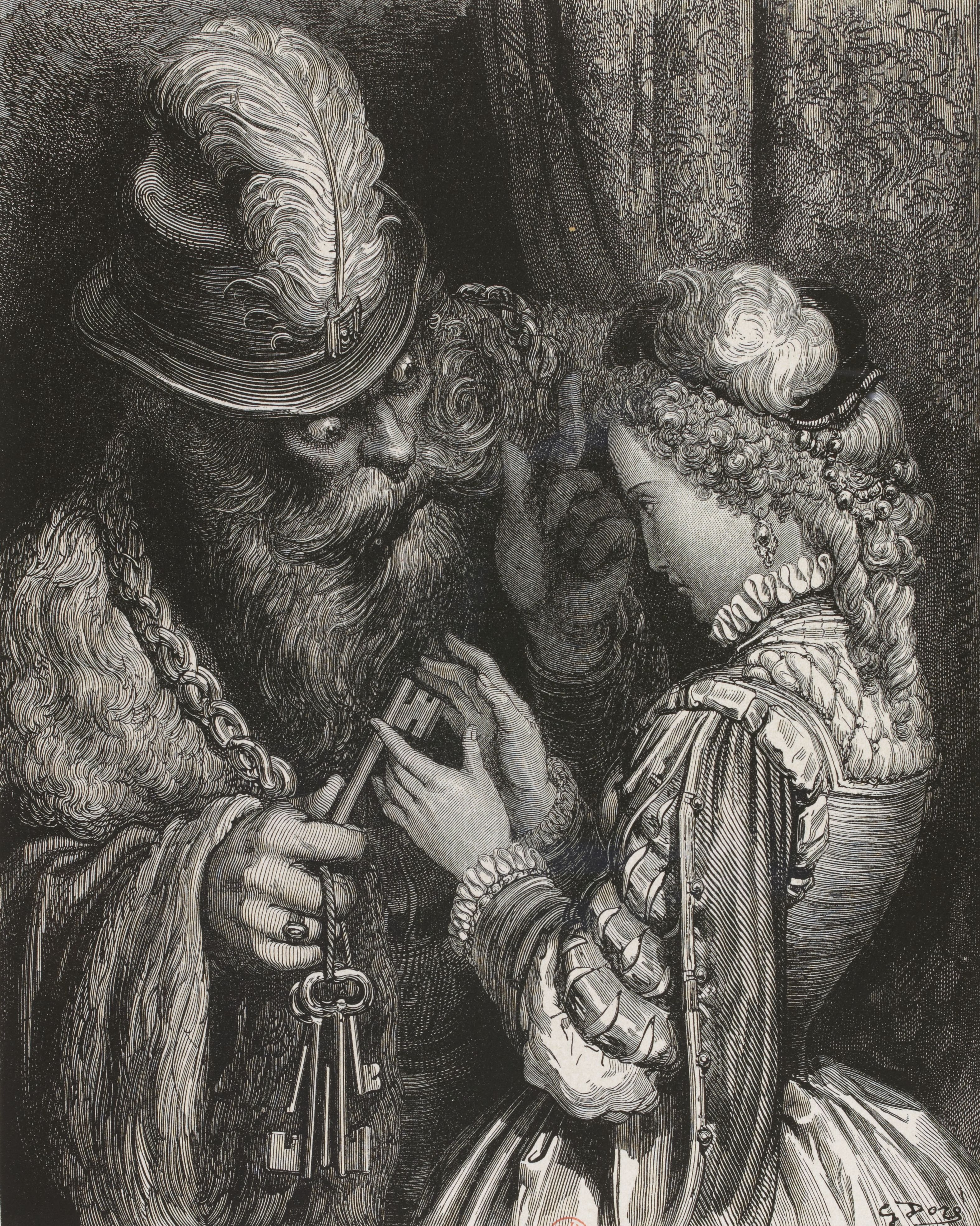 Gravure de Gustave Doré pour La Barbe bleue, de Charles Perrault : Barbe bleue remet le trousseau de clefs à sa jeune femme.