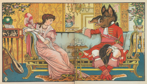 La Belle et la Bête en sanglier vêtu d'un habit rouge, illustration sur double page de Walter Crane, 1874.