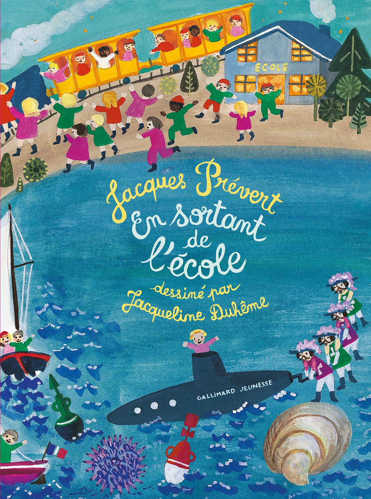Couverture de En sortant de l'école, de Jacques Prévert, illustré par Jacqueline Duhême (Gallimard Jeunesse).