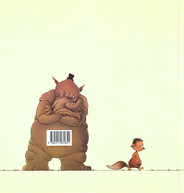 Quatrième de couverture du Chien invisible, de Claude Ponti (L'École des loisirs) : le code-barres est posé sur le ventre d'un personnage.