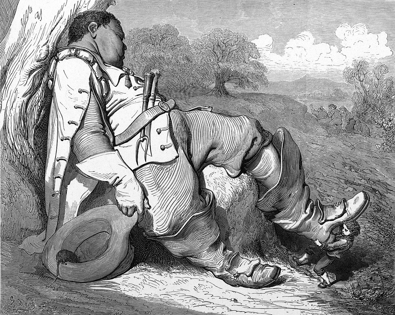 Gravure de Gustave Doré : le Petit Poucet chaussant les bottes de sept lieues de l'ogre endormi.