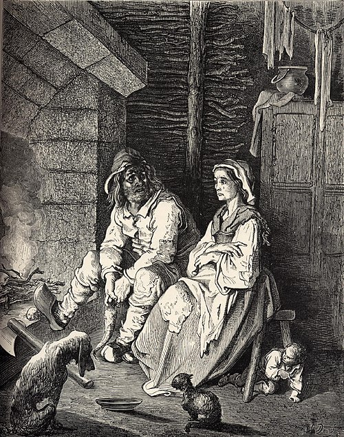 Gravure de Gustave Doré : les parents du Petit Poucet dans leur chaumière.